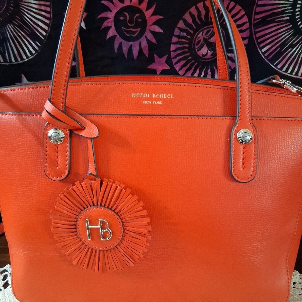 Henri Bendel Shoulder Bag Leather Sunburst Orange Red Satchel Handbag  Strap - Picture 4 of 17